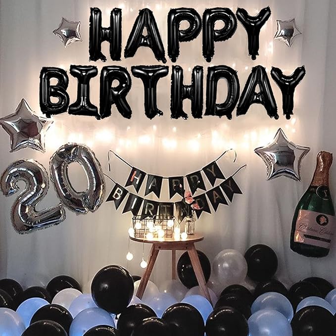 Happy Birthday Balloon, 16 Inch Black Mylar Foil, Unisex Party Decorations for Women, Men, Boys & Girls, Reusable