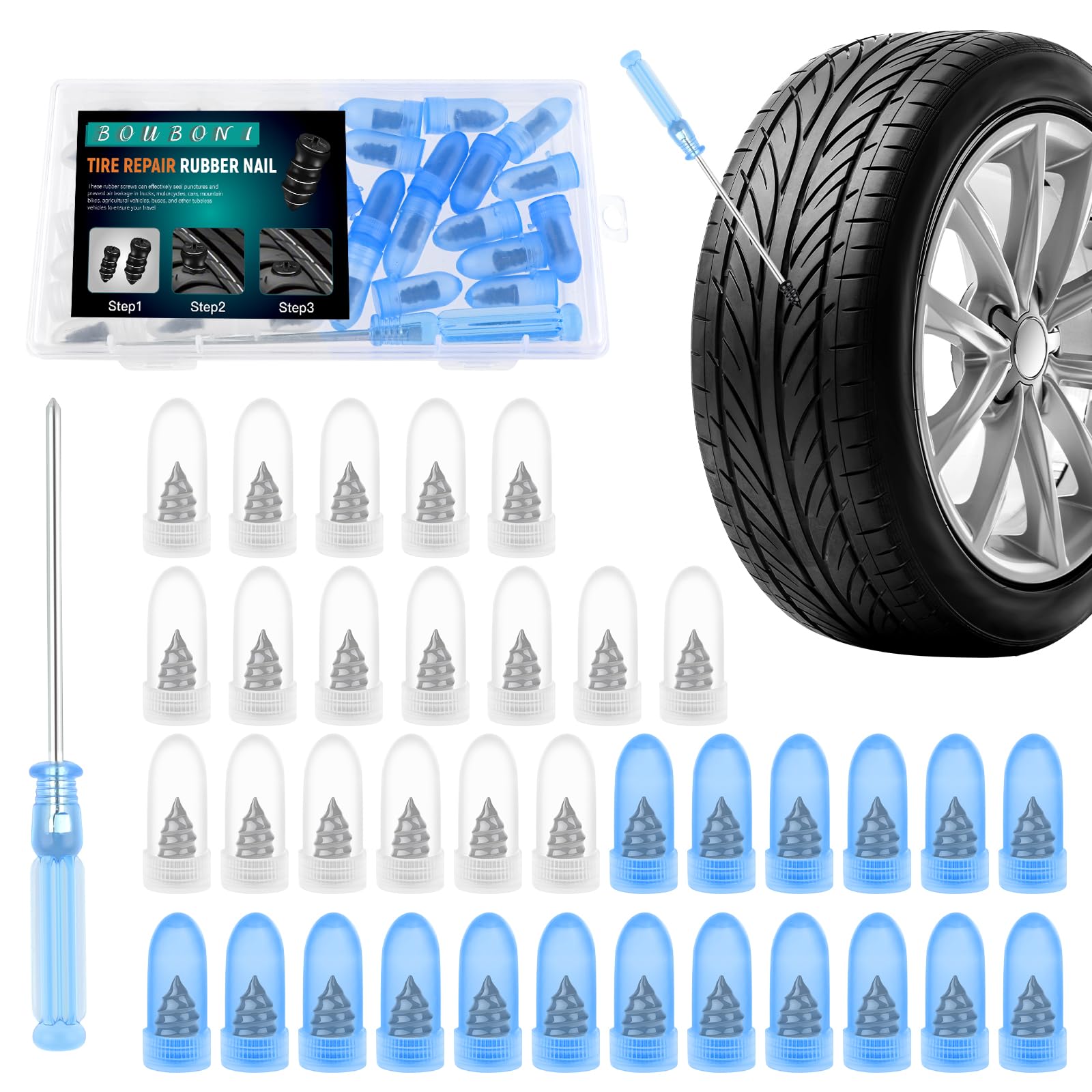 BOUBONI 70 Pcs Tire Repair Rubber Nail Self Tapping Tire Repair Screws Kit for Trucks Motorcycles Cars and Other Vacuum Tire Veh