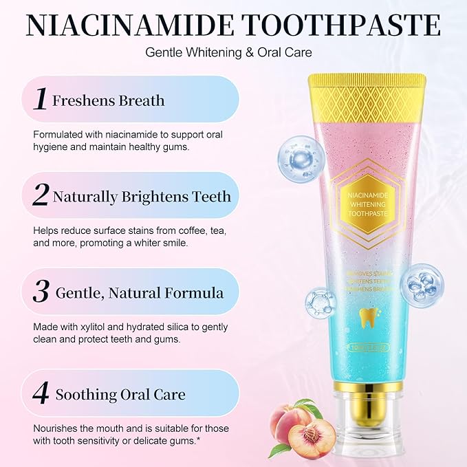 Niacinamide Whitening Toothpaste, Radiant Whitening Toothpaste, Stain Removal Natural, Complete Care, Enamel Repair, Freshes Breath, for Healthier and Whiter Teeth 2 PCS