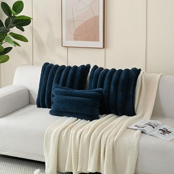 FUTEI Navy Blue Decorative Throw Pillow Covers 18x18 Inch Set of 2, Square Soft Faux Rabbit Fur Thick Striped Cushion Cover,Winter Home Decor for Couch Bed Living Room