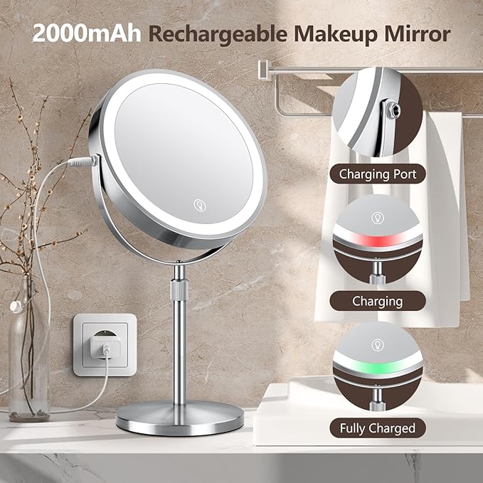 10x Large Lighted Makeup Mirror, Rechargeable 8" Height Adjustable Vanity Mirror, 1x/10x Magnifying Mirror with 3 Color, Brightness Adjustable, 360° Rotation Double Sided Mirror, Gift for Her(Nickel)