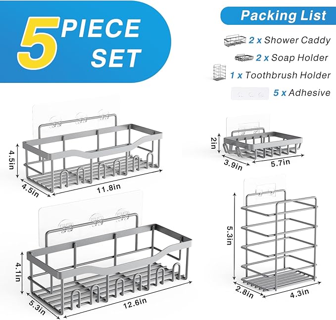 EUDELE 5-Pack Rustproof Stainless Steel Shower Caddy – No Drill Adhesive Bathroom Organizer with Large Capacity, Spacious Shower Shelves for Inside Shower, Kitchen & Home Decor Storage-XL Size