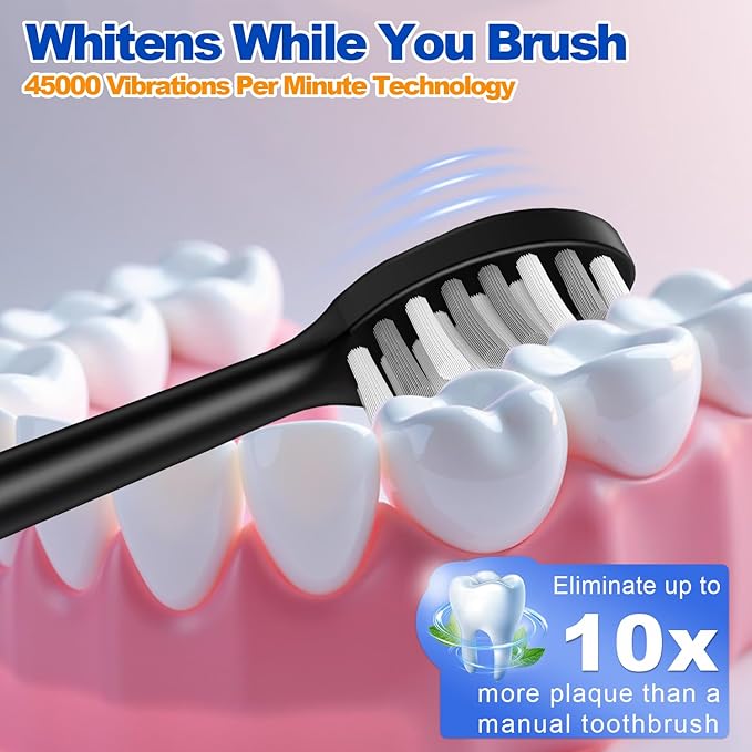 FXQQZZ Electric Toothbrush for Adults and Kids, with Tongue Scraper and Travel Case, 8 Brush Head, Smart Timer & 4 Modes Rechargeable Toothbrush, 42000 VPM Deep Clean, One Charge Last 90 Days - Black