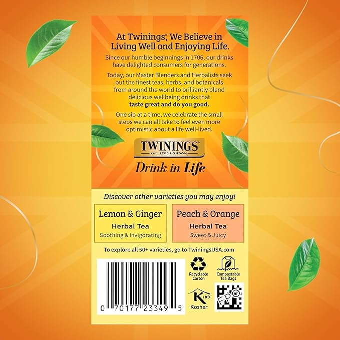 Twinings Mango & Pineapple Herbal Tea Individually Wrapped Bags, 20 Count (Pack of 6), Naturally Caffeine-Free, Enjoy Hot or Iced, 120 Teabags