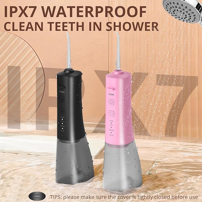 2 Pack Water Flosser for Teeth, Portable Cordless Water Dental for Couples, Travel Water Flossers with 3 Modes and 12 Tips, Rechargeable & IPX7 Waterproof, Travel Portable Dental Cleaner (Black&Pink)