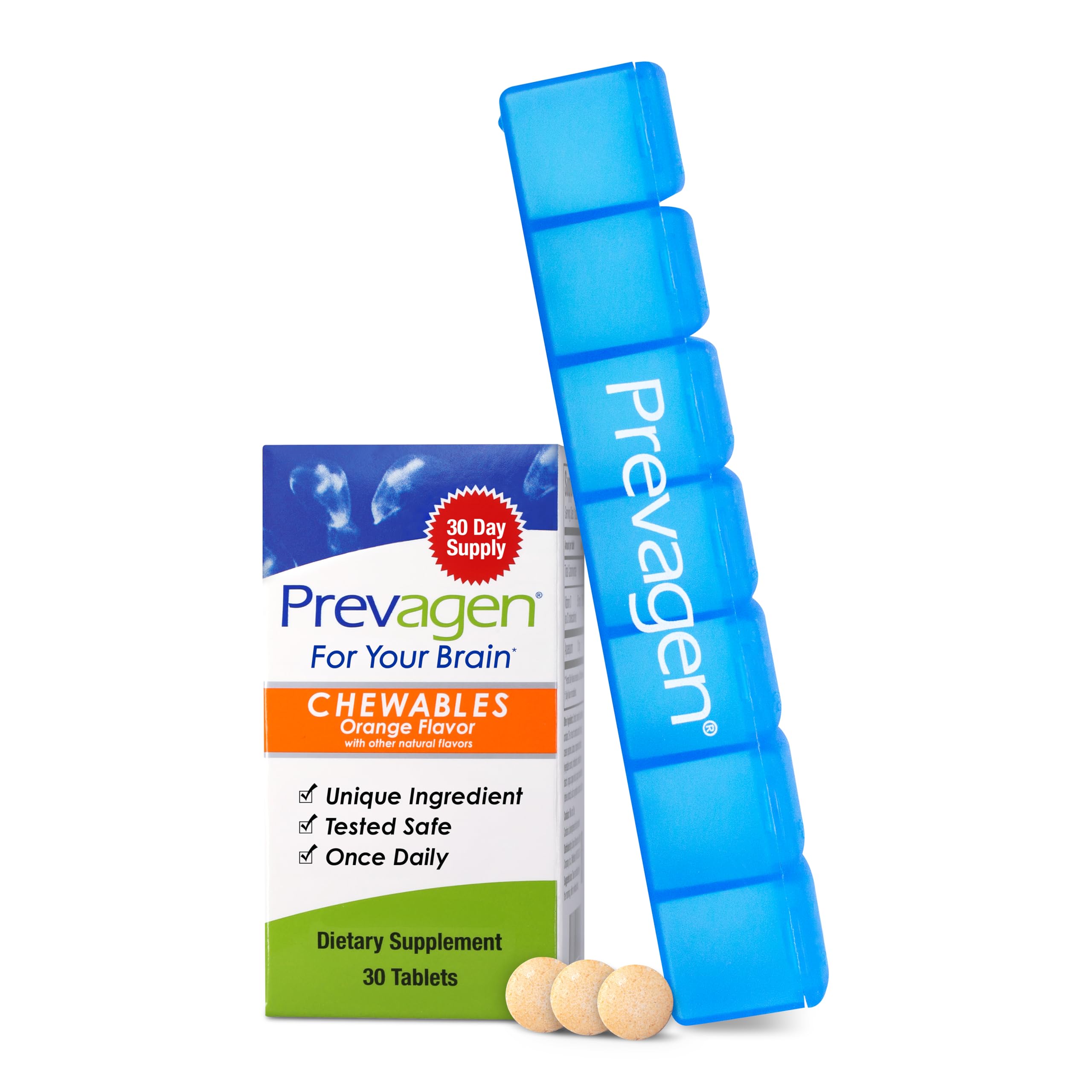 Prevagen Regular Strength Orange Chewables - 30 Tablets (1 Month Supply) | Formulated for Your Brain | 10mg of Apoaequorin Plus Vitamin D3 with 7-Day Pill Minder