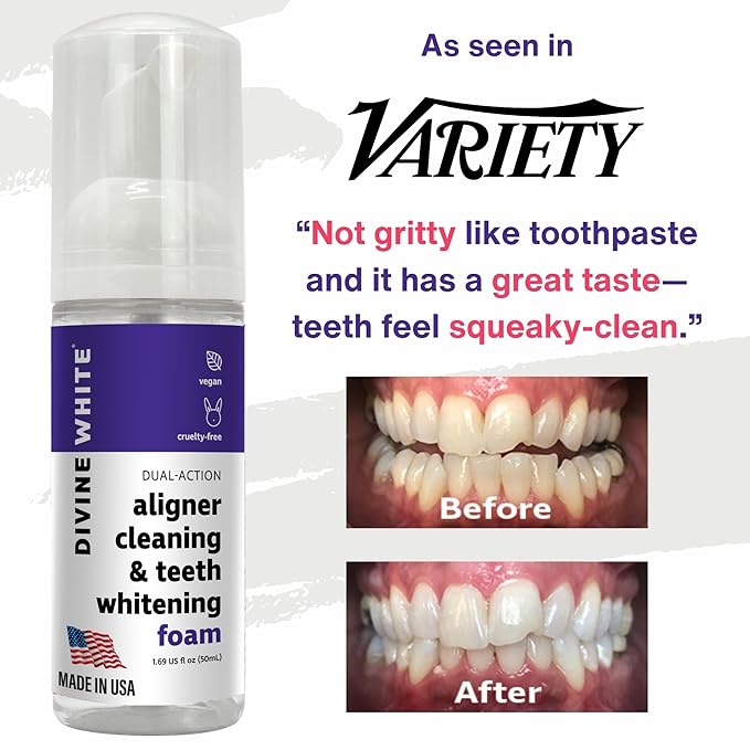 2 in 1 Aligner Cleaning and Teeth Whitening Foam, Vegan Formula Invisalign, Hawley Trays, Aligners, Retainer Cleaner Foam, Menthol Freshness Tooth Whitener Kit, Pack of 4