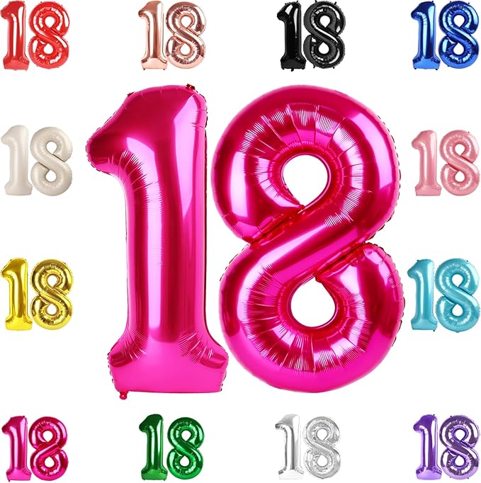 18 Balloon Number, Hot Pink Number 18th Birthday Balloons 40 Inch, 18 Years Old Hot Pink Birthday Decorations for Boys Girls, 18th Anniversary Decorations