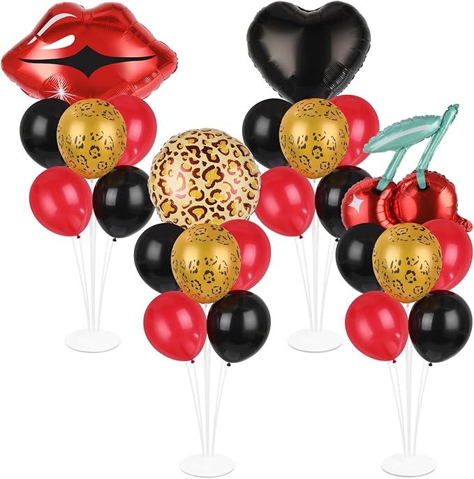 4 Sets Leopard Party Balloons Stand Kit with Black Love Red Lip Foil Balloons Centerpiece for Tables Leopard Print Cherry Party Balloon for Holiday Leopards Birthday Parties Theme Decorations Supplies
