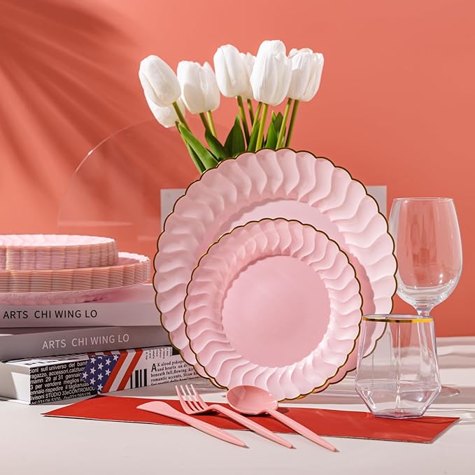 Lullaby 60PCS Pink Scalloped Plastic Plates with Gold Rim, Disposable Elegant Plates Include 30pcs Dinner Plate 10.25", 30pcs Dessert Plate 7.5", Perfect for Daily Use, Wedding and Party