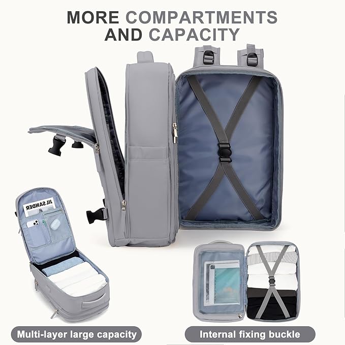 coowoz Large Travel Backpack For Women Men, Carry On Backpack,Hiking Backpack Waterproof Outdoor Sports Rucksack Casual Daypack Expandable Heavy Duty Extra large Backpack Grey Expansion