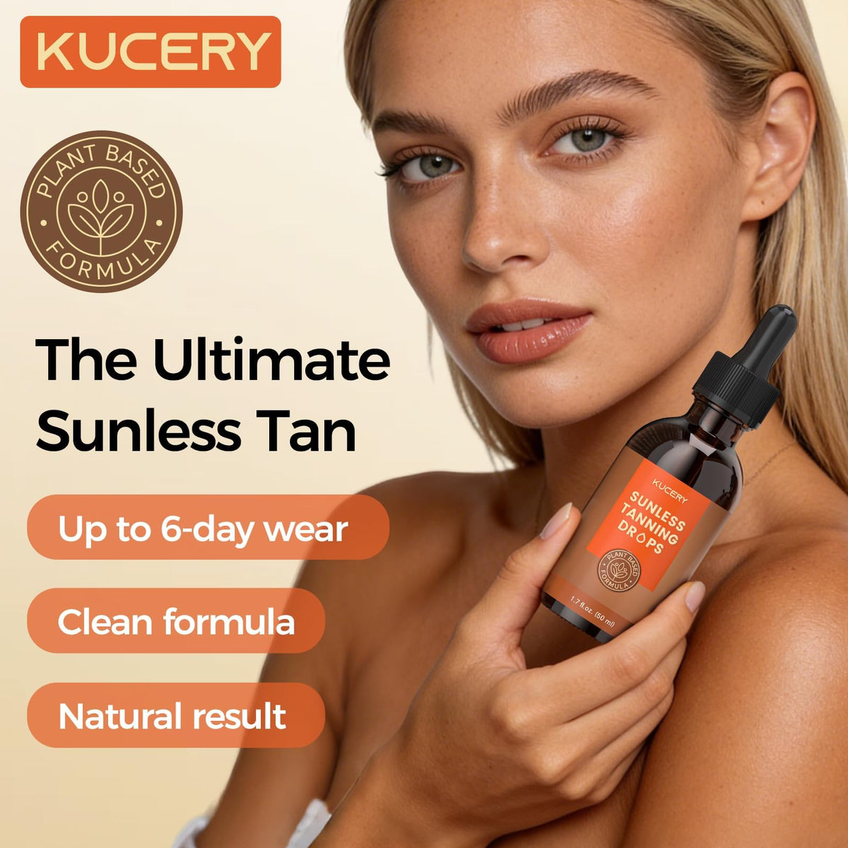 KUCERY Sunless Tanning Drops for Face & Body - Plant Based Self Tanner Drops with Botanical Ingredients, Streak-Free Bronzing Serum, Customizable Glow, 1.7 fl oz (50ml)