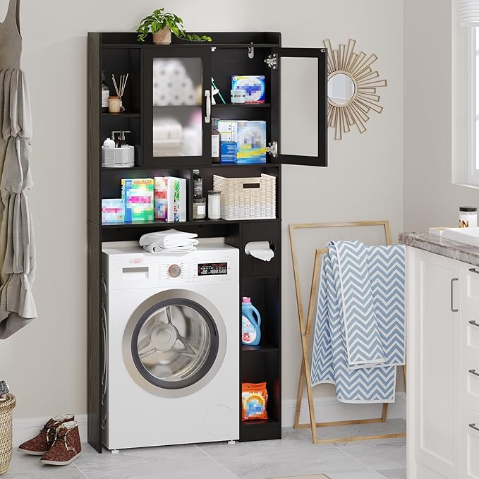 Vabches Over The Toilet Storage Cabinet, Farmhouse Storage Cabinet Over Toilet with Acrylic Doors，Home Space-Saving Toilet Rack, for Bathroom, Restroom, Laundry, Black