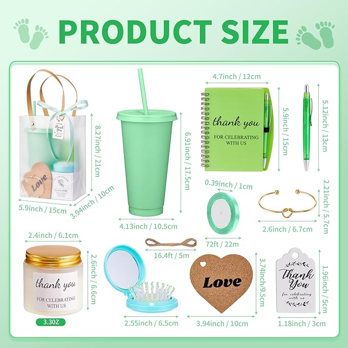 56Pcs Baby Shower Prizes for Game Winners Baby Shower Favors Gifts including Plastic Tumbler Notebook Scented Candles Ballpoint Pen Mirrors with Hair Brushes Bracelet Gift Bag (Green)