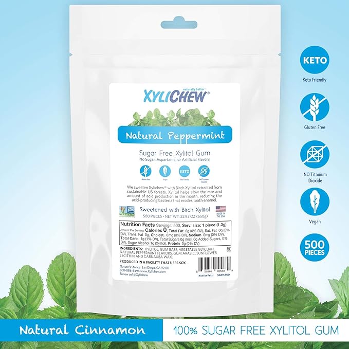 Xylichew 100% Xylitol Chewing Gum - Non GMO, Non Aspartame, Gluten Free, and Sugar Free Gum - Natural Oral Care, Relieves Bad Breath and Dry Mouth - Peppermint, 500 Count