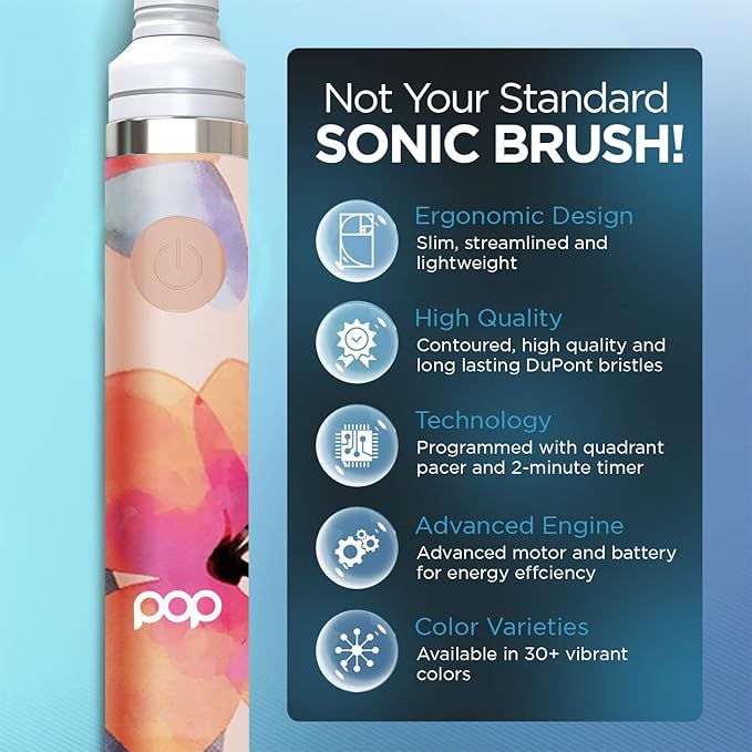 Pop Sonic Electric Toothbrush (Pink Watercolor) - Travel Toothbrushes w/AAA Battery | Kids Electric Toothbrushes with 2 Speed & 15,000-30,000 Strokes/Minute, Dupont Nylon Bristles