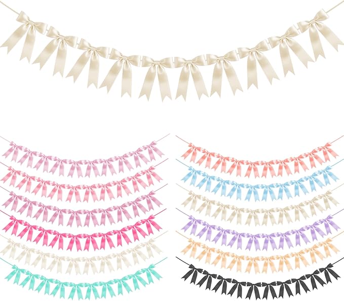 Ivory White Bow Garland Bow Banner Bow Party Decorations Pre-Strung Large Coquette Satin Ribbon for Birthday Bachelorette Party Bridal Shower Wedding Engagement Baby Shower