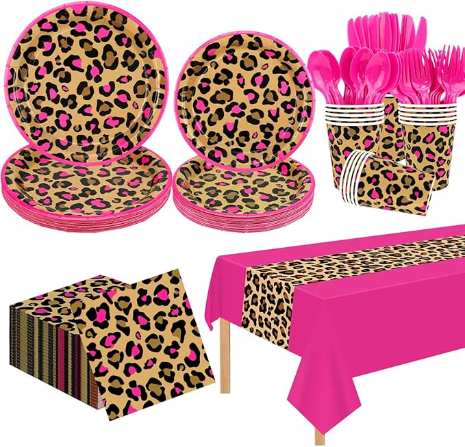 Cheetah Print Birthday Decorations, Pink Cheetah Birthday Decorations Includes Plates, Napkins, Cups, Tablecloth, Tableware for Leopard Party Serves 20 Guests