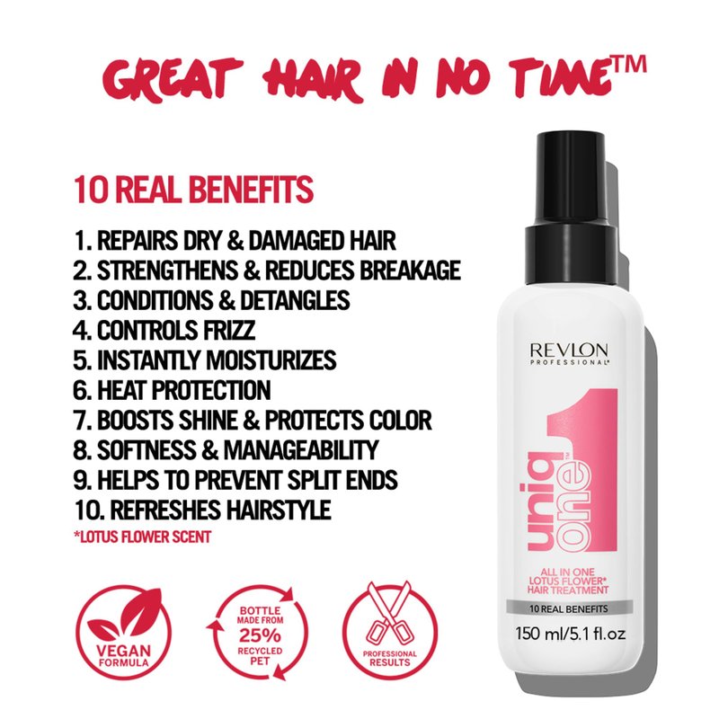 REVLON PROFESSIONAL UniqOne 10-in-1 Hair Treatment, Frizz Control, Heat Protection, Repair for Dry Damaged Hair, All Hair Types, Vegan, Lotus Flower, 5.1 fl oz