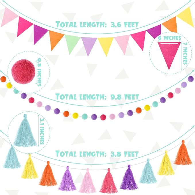 Irenare 9.8ft Pom Pom Garland Felt Rainbow Garland Graduation Party Decoration Colorful Pennant Tassel Banner Birthday Baby Shower Triangle Banner for Classroom School Mantel Fireplace(Candy Color)