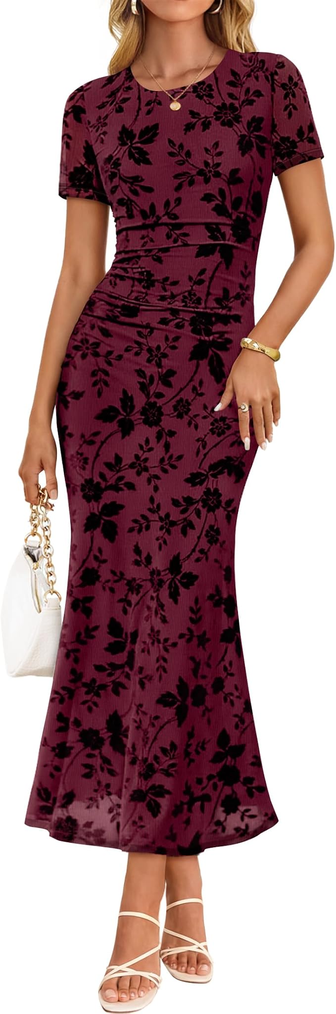 ZESICA Women's Summer Floral Bodycon Long Dress 2026 Ruched Mesh Formal Cocktail Party Wedding Guest Maxi Dresses