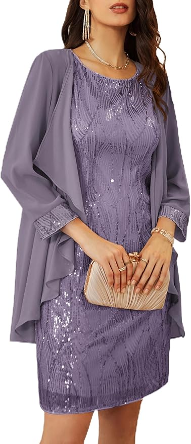 GRACE KARIN Women's Sequin Dress - Wedding Guest & Mother of The Bride Formal Dress - Two Piece Knee Length