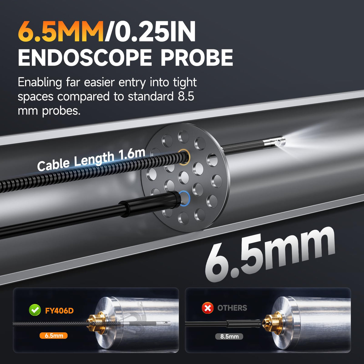 FOXWELL Dual Lens Articulating Borescope, 0.25in Slim 220° Two-Way Endoscope Camera with LED Light, IPS HD Screen, IP67 Waterproof Snake Camera for Automotive, Pipe, Wall & Engine Inspection – 5.3FT
