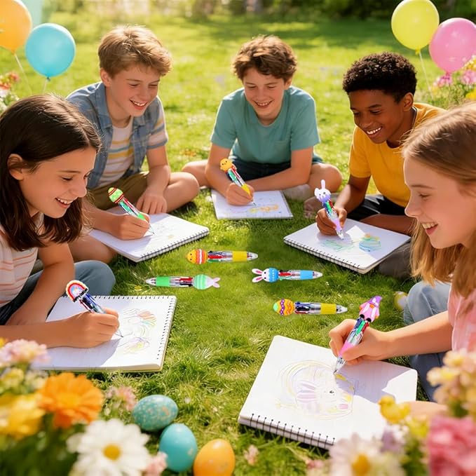 24PCS Easter Fun Pens Cute Multicolor Ballpoint Pens 4 Colors in 1 Kawaii Bunny Easter Egg Chicken Rainbows Gnome for Easter Basket Stuffers Party Favors Supplies Rewards Holiday Gifts