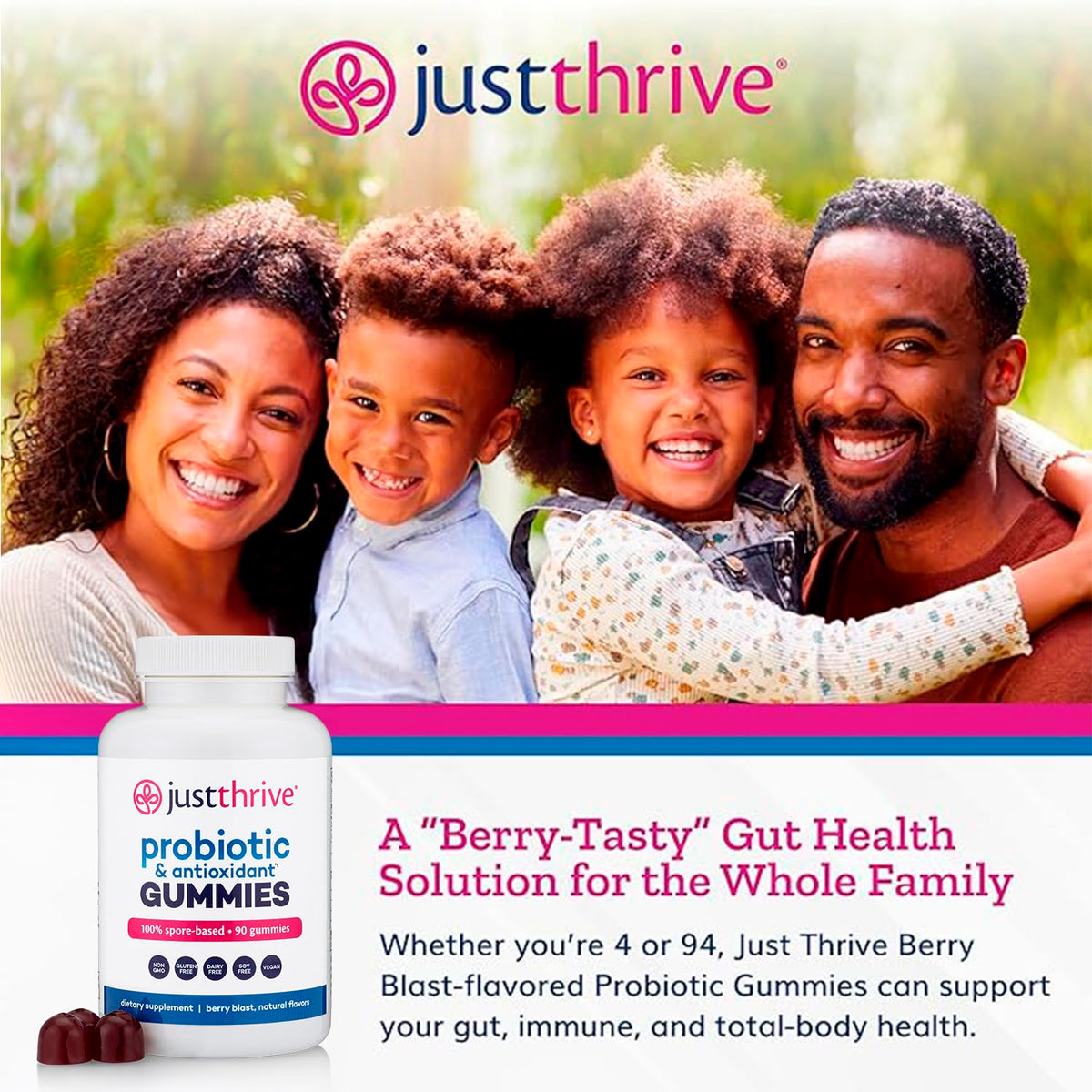 Just Thrive Probiotic Gummies - Kids, Men, and Womens Probiotic - for Digestive and Overall Health, 90 Count