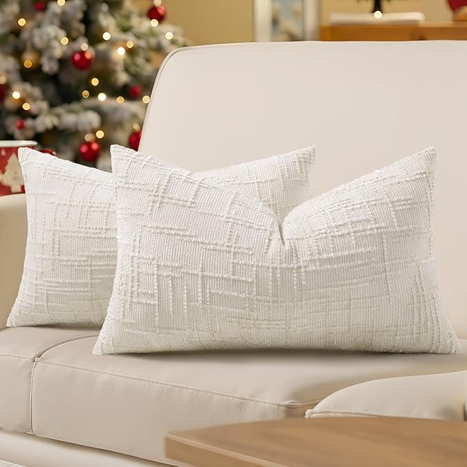 decorUhome Christmas Cream White Chenille Throw Pillow Covers 12x20 Set of 2 Thick Textured Slubby Couch Pillow Covers Farmhouse Accent Modern Neutral Decorative Pillow Cases for Bed Sofa Living Room