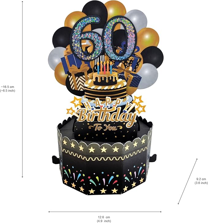 60th Birthday Cards 3D Popup Birthday Greeting Cards - Birthday Greeting Card for Men, Women, Mom,Dad and Grandparents with Blank Note and Envelope Included (Black Gold)