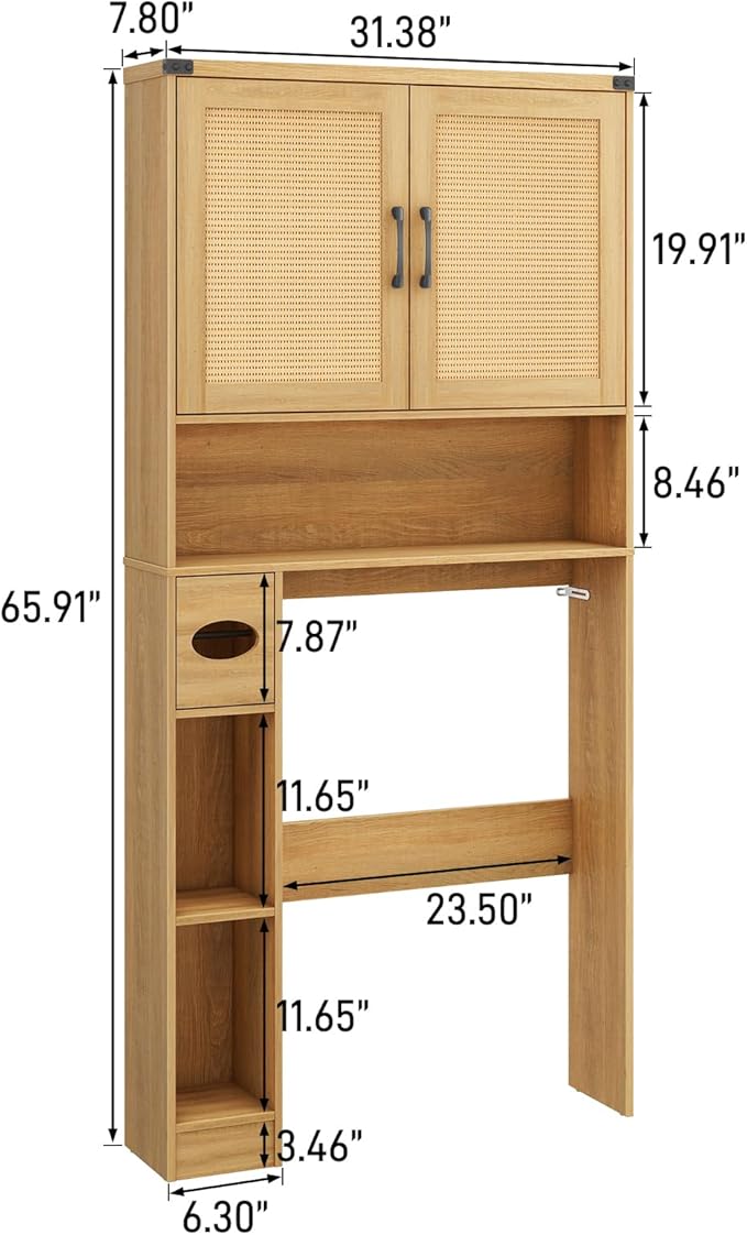 Vabches Over The Toilet Storage Cabinet, Farmhouse Rattan Storage Cabinet Over Toilet with 2 Rattan Barn Doors & Home Space-Saving Toilet Rack, for Bathroom, Restroom, Laundry