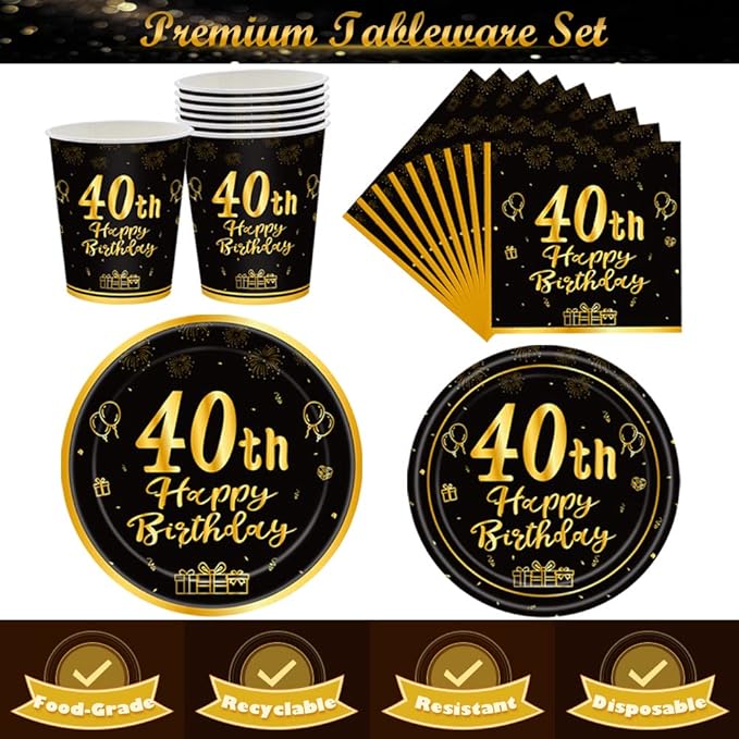 120Pcs 40th Birthday Party Supplies Plates Napkins Cups Forks Tableware Set Gold Black Happy 40th Birthday Themed Disposable Tableware Decoration Serves 24 Guests for Women and Men