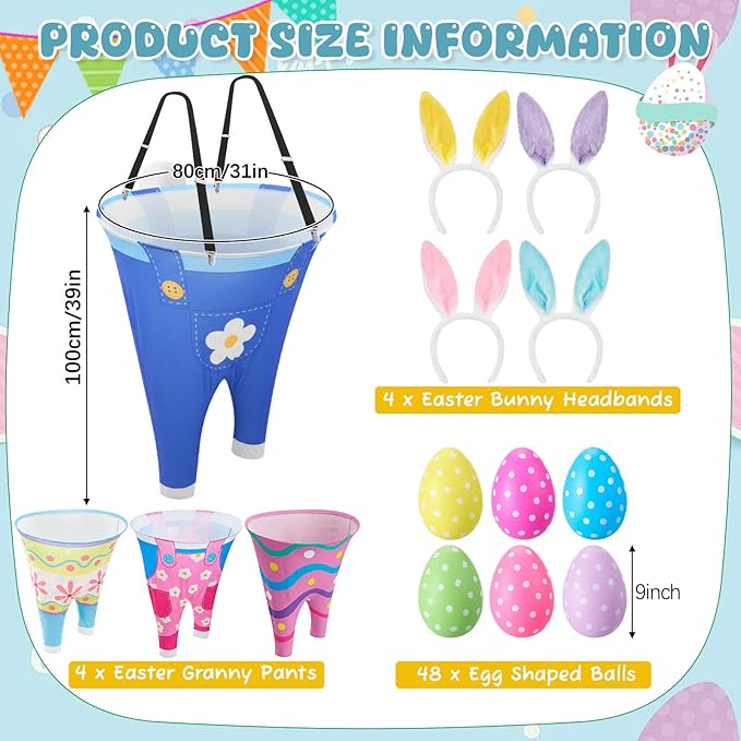 4 Sets Easter Granny Pants Outdoor Games, Giant Granny Cute Pants with Egg Balls & Bunny Ear Headbands, Funny Spring Yard Tossing Game for Adults Family Party Gathering (Various Style)