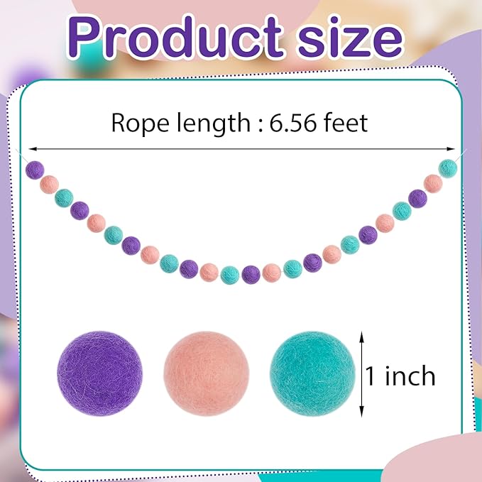 Boao 2 Pieces Wool Felt Ball Garland Colorful Pom Pom Garland Handmade 6.5 Feet Long 24 Balls Felt Banner for Wall Christmas Tree Decoration (Pink,Purple,Mint Blue)