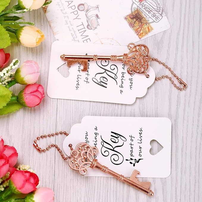 WODEGIFT 100 PCS Wedding Favors Bottle Opener,Vintage Skeleton Key Bottle Opener,Key Bottle Openers with Escort Tag Cards and Key Chains Wedding Gifts for Guest（Rose Gold）