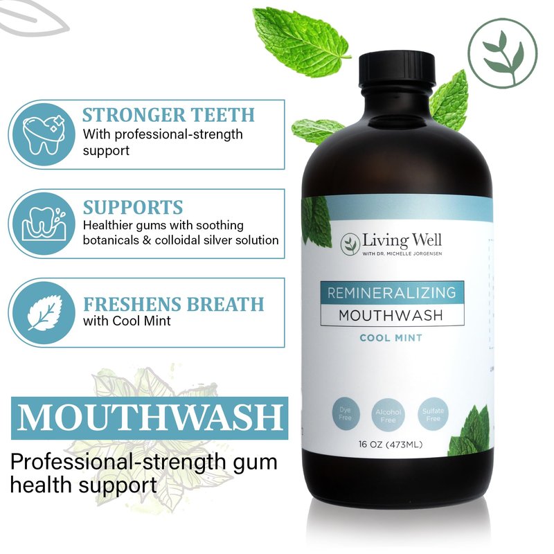 Living Well with Dr. Michelle Cool Mint Remineralizing Mouthwash | Hydroxyapatite & Colloidal Silver Formula | Alcohol-Free | Fluoride-Free Mouth Rinse