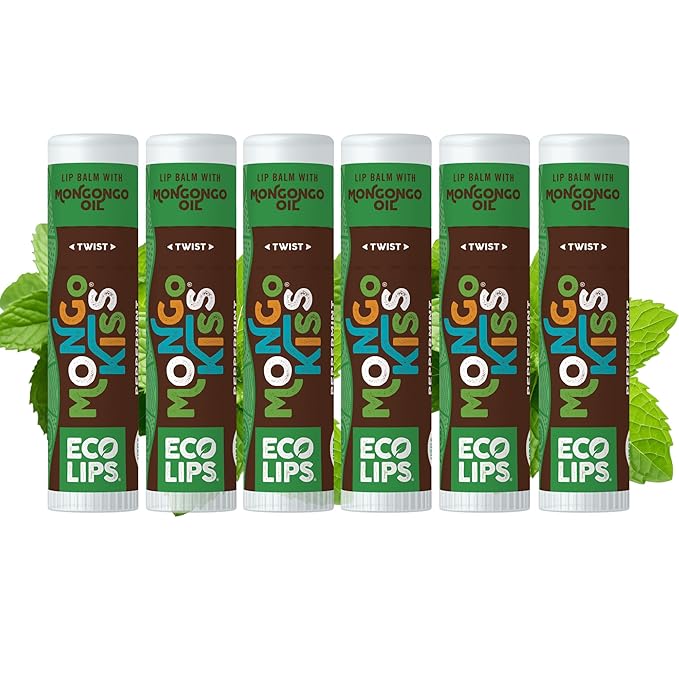 LIP BALM Mongo Kiss 6-Pack (6 tubes) by Eco Lips 100% Organic Beeswax & Cocoa Butter Lip Care with Organic Mongongo Oil - Soothe & Moisturize Dry & Cracked Lips - Made in USA. (Peppermint)