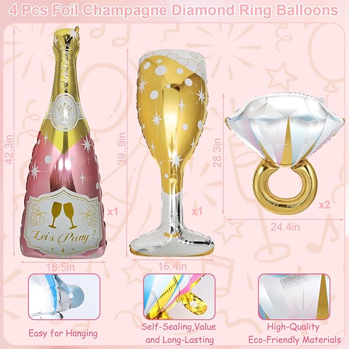 4 Pcs Bachelorette Balloons, Huge Rose Gold Champagne Bottle Diamond Ring Goblet Aluminum Foil Balloons for Bachelorette Party, Bridal Shower, Wedding, Engagement Party Decorations Supplies