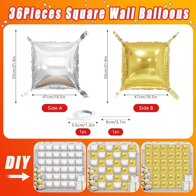 36 Piece XL Silvery Wall Screen Double Sided Square Balloon Screen Tunnel Arch Kit Mylar Square Balloons For Baby Shower Graduation Prom Birthday Party Decorations (Silvery)