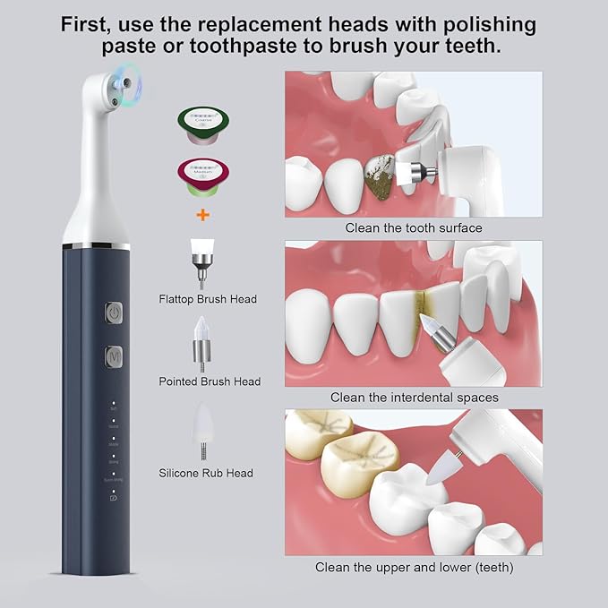 Tooth Polisher and Plaque Remover, Teeth Cleaning Tools for Cleaning and Polishing of Tooth, Dental Cleaning Tools for Brighten and Polish Teeth with 5 Brush Heads, 4 Speed Modes and 3 Polish Pastes