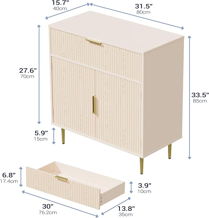 Coffee Bar Cabinet with 2 Doors & Drawer, Sideboard Buffet with Adjustable Shelves, Accent Liquor Storage Cabinet, Fluted Cabinet with Gold Hardware, Console Table for Living Dining Room, Oak
