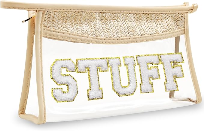 Boho Hand-woven Makeup Bag, Chenille Letter Patch Clear Travel Pouch, Rattan Straw Bag Clear Cosmetic Sunscreen Bags, Women Summer Retro Travel Beach Bag Beach Essentials (Boho_Beige-Stuff)