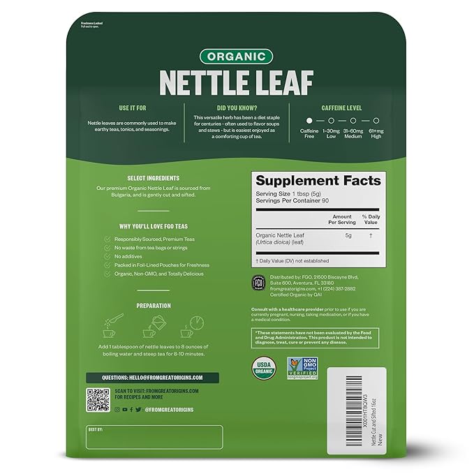 FGO Organic Nettle Leaf Loose Tea, Cut and Sifted, Caffeine Free, 16oz Bulk Resealable Bag, Packaging May Vary (Pack of 1)