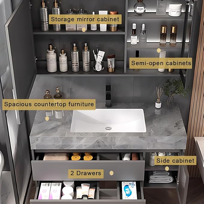 Gray 44IN Modern Bathroom Vanity - Wall-Mounted Bathroom Storage Cabinet & Bathroom Vanity with Sink, Bathroom Medicine Cabinet Wall Mounted, Defogging & Led Lighting | Bathroom Cabinet Slim