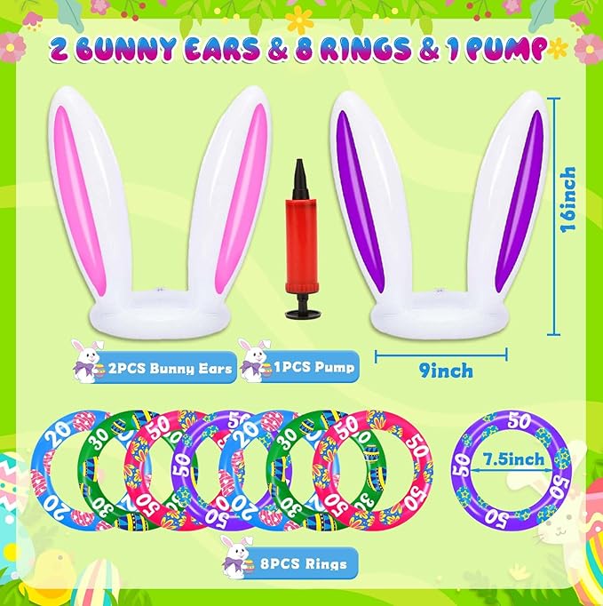 Easter Games for Kids, Easter Inflatable Bunny Ring Toss Games (2 Sets & 8 Score Rings), Ring Toss Game for Easter Party Favors Indoor Outdoor Games