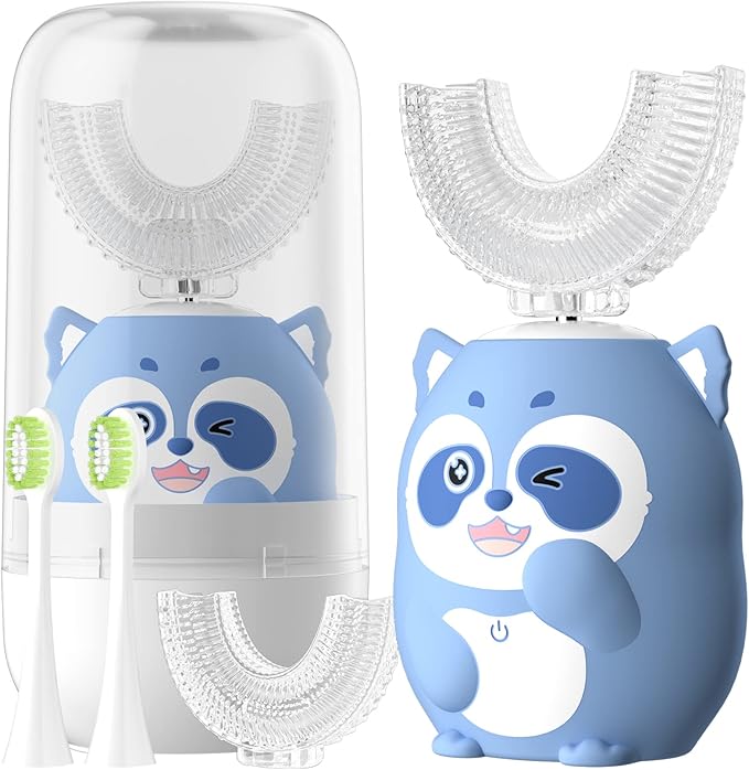 Kids Electric U Shaped Toothbrush Children Rechargeable Sonic Toothbrush with 4 Brush Heads Full Mouth 6 Cleaning Modes - (Age 8-15, Blue)
