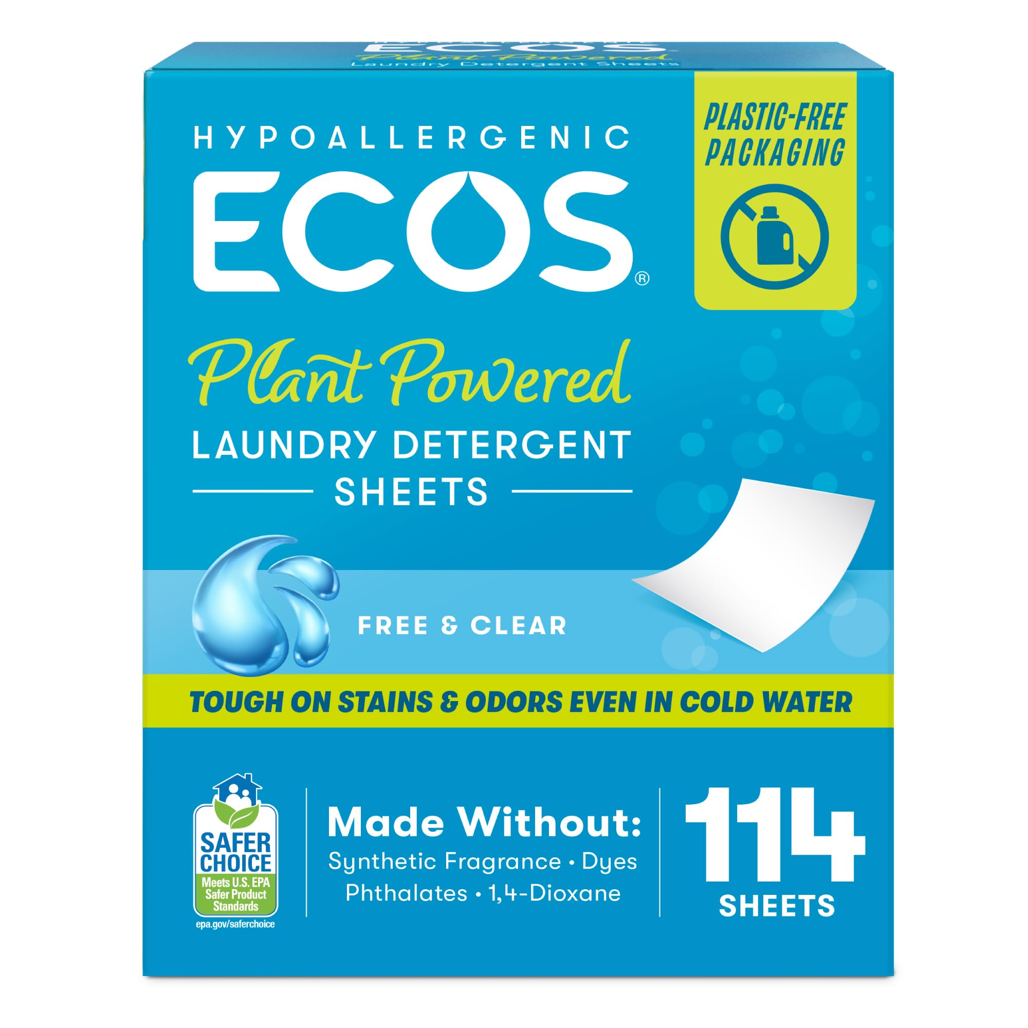 ECOS Laundry Detergent Sheets Vegan, No Plastic Jug, No Mess & Liquid Free - Hypoallergenic, Plant Powered Laundry Detergent Sheet – Free and Clear - 114 Count (Pack of 1)