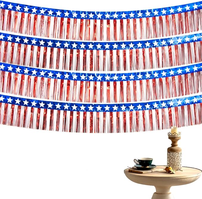 4 Packs 10 Feet Long Foil Fringe 4th of July Star Garland Memorial Day USA Red White Blue Independence Day Tinsel Metallic Streamers Patriotic Banner Car Parade Floats Garden Trailer Decor