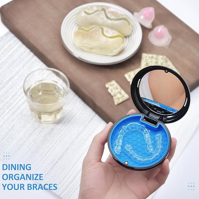 Retainer Case with Mirror,Slim Aligner Case with Vent Holes,Cute Night Mouth Guard Box,Retainer Removal Tool and Brush (Black Blue)